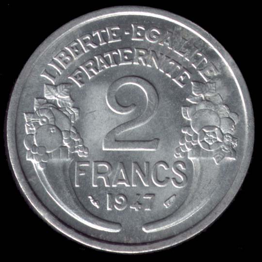 Pièce de 2 Francs français en Aluminium type Morlon Légère revers