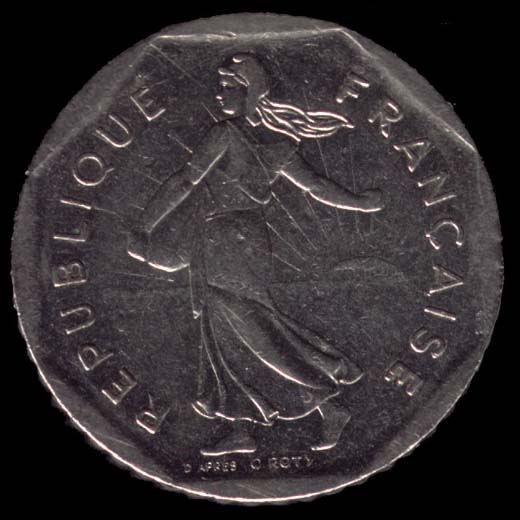 Pièce de 2 Francs français type Semeuse en nickel avers