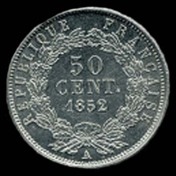 Pièce de 50 Centimes français en argent type Louis-Napoléon revers
