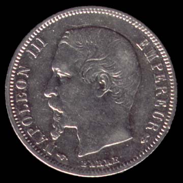 Pièce de 50 Centimes français en argent type Napoléon III tête nue avers