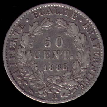 Pièce de 50 Centimes de Franc français type Cérès en argent revers