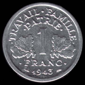 Pièce de 50 Centimes de Franc français type Francisque légère de l'État Français en Aluminium revers