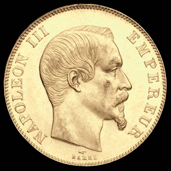 Pièce de 50 Francs français en or type Napoléon III tête nue avers