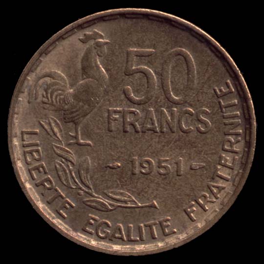 Pièce de 50 Francs français type Guiraud en Bronze-Aluminium revers