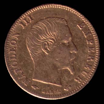 Pièce de 5 Francs français en or type Napoléon III tête nue grand module avers