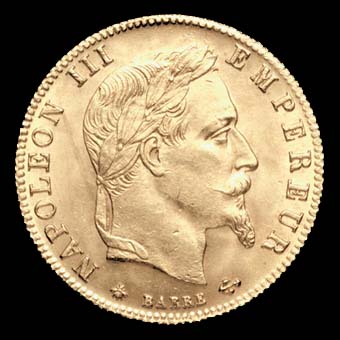 Pièce de 5 Francs français en or type Napoléon III tête laurée avers