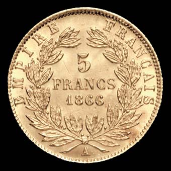 Pièce de 5 Francs français en or type Napoléon III tête laurée revers