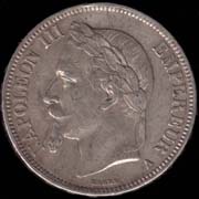 5 francs argent Napoléon III tête laurée avers