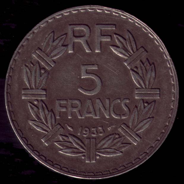 Pièce de 5 Francs français type Lavrillier en nickel revers