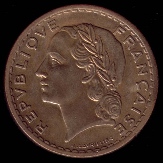 Pièce de 5 Francs français type Lavrillier en bronze-aluminium avers