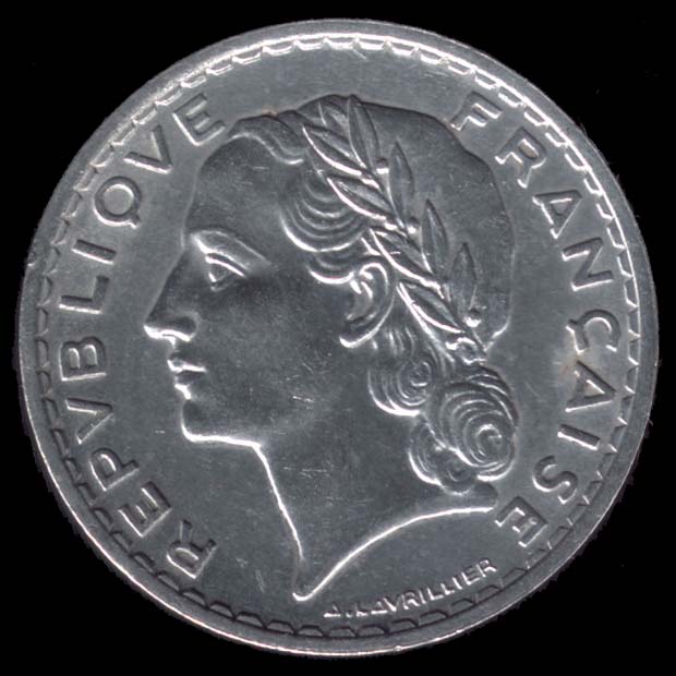 Pièce de 5 Francs français type Lavrillier en aluminium avers