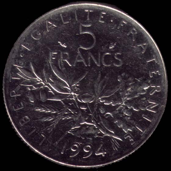 Pièce de 5 Francs français type Semeuse en nickel revers
